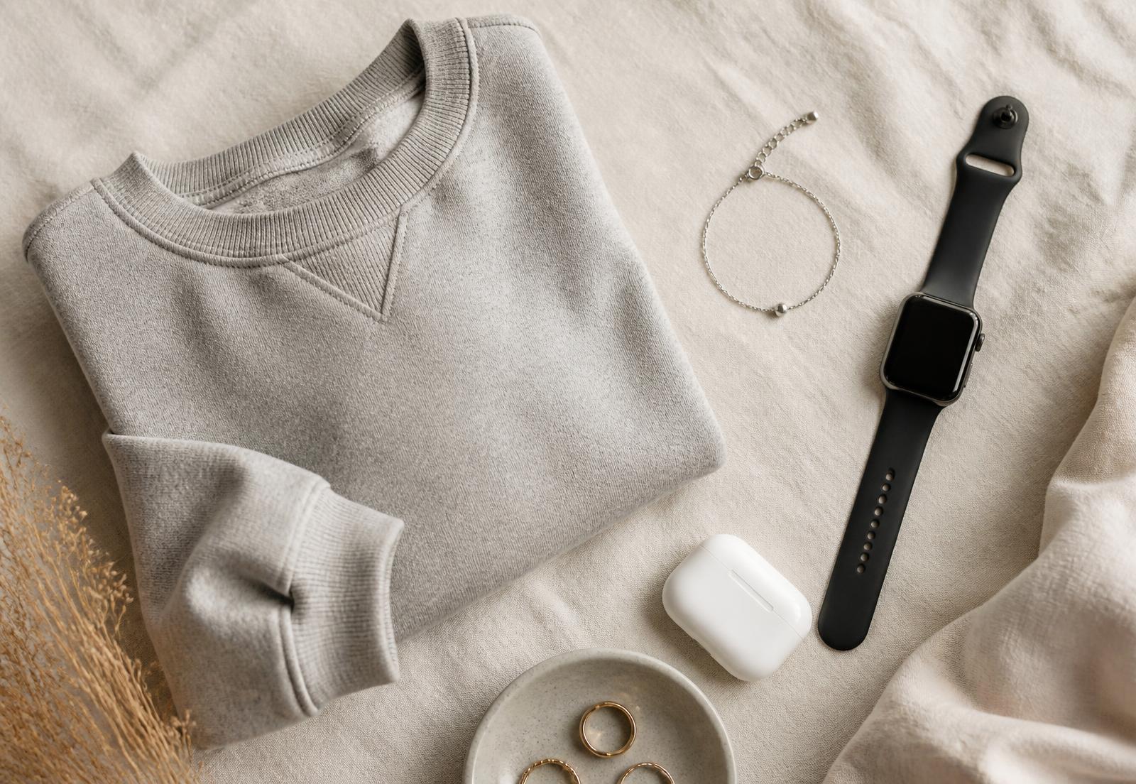 Flat lay editorial con sudadera gris doblada, pulsera fina, smartwatch y estuche de audífonos sobre lino marfil.