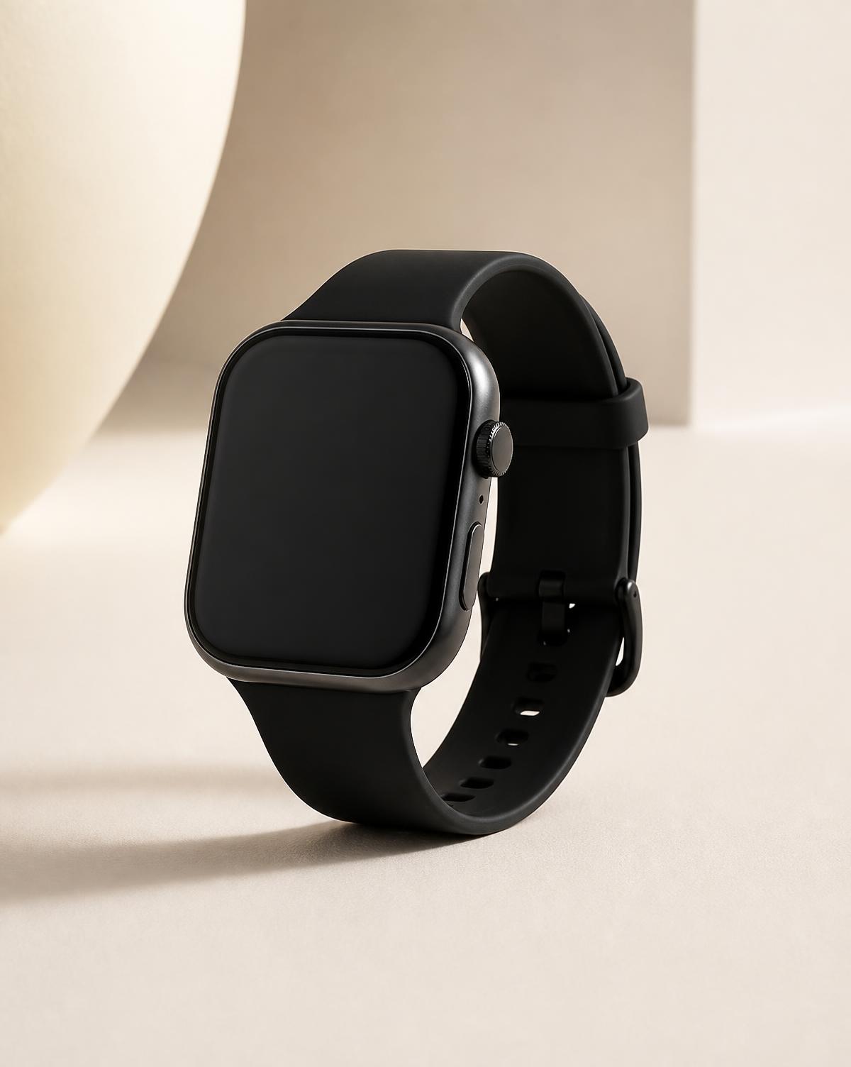 Smartwatch con correa negra sobre fondo marfil.